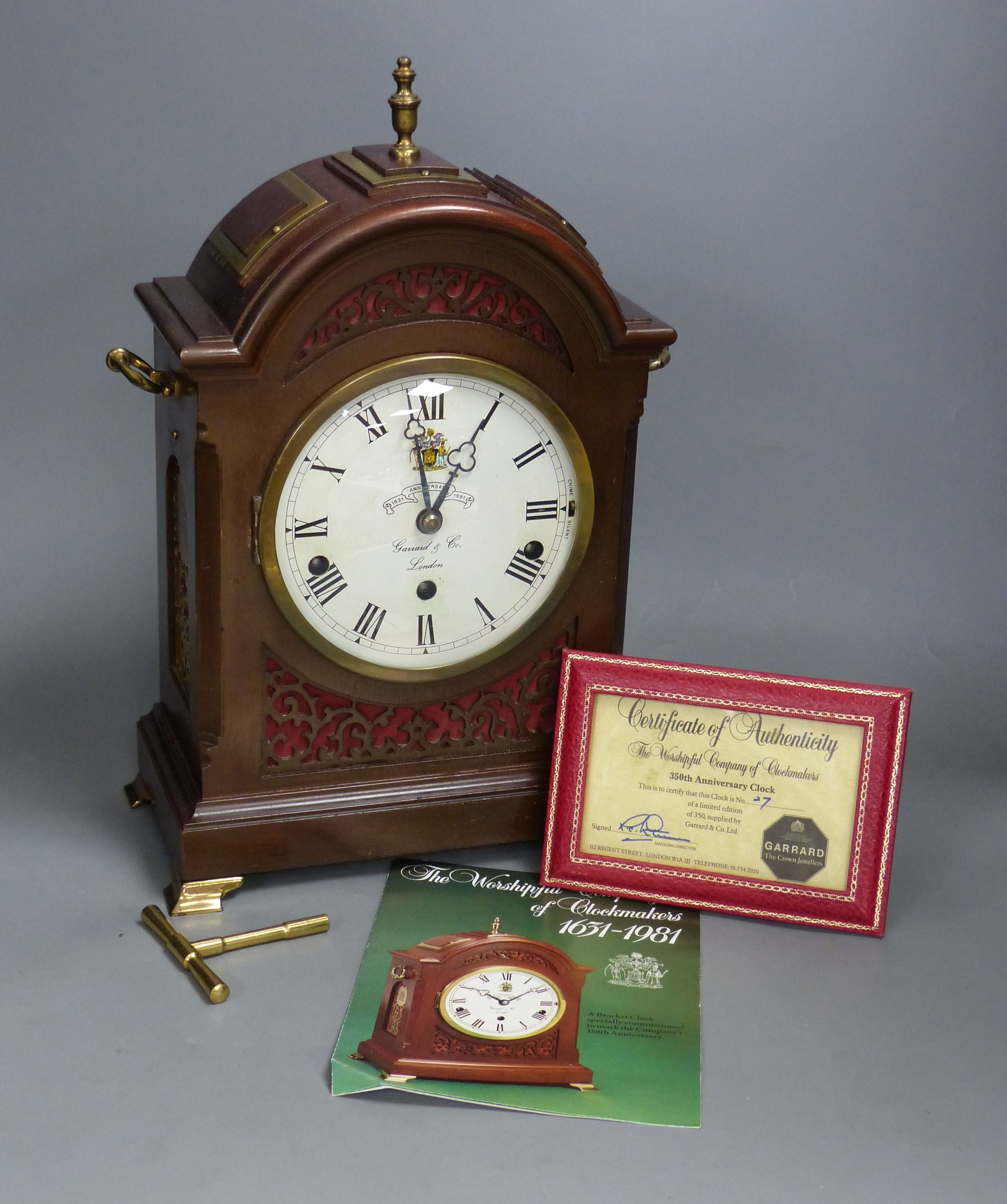 F. W. Elliott for Garrard, an 18th century style brass mahogany bracket clock